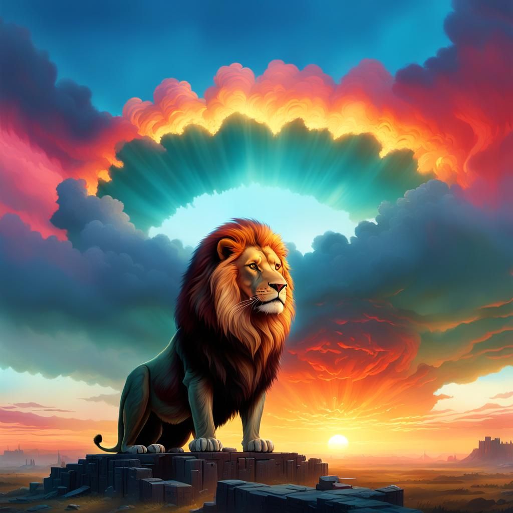 Regal Lion in Ancient Ruins at Sunset