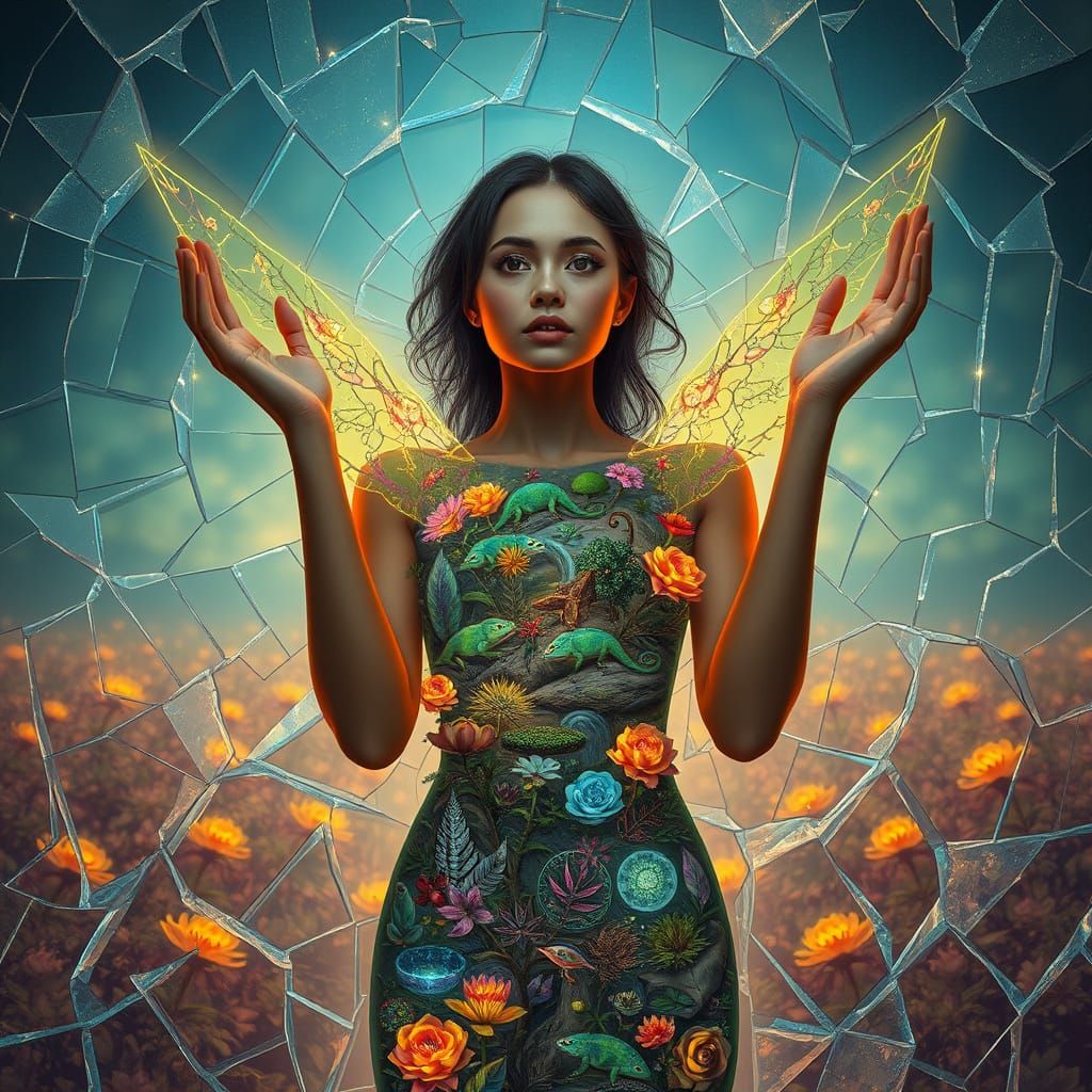 Surreal Woman in Glass Ecosystems with Glowing Chameleons