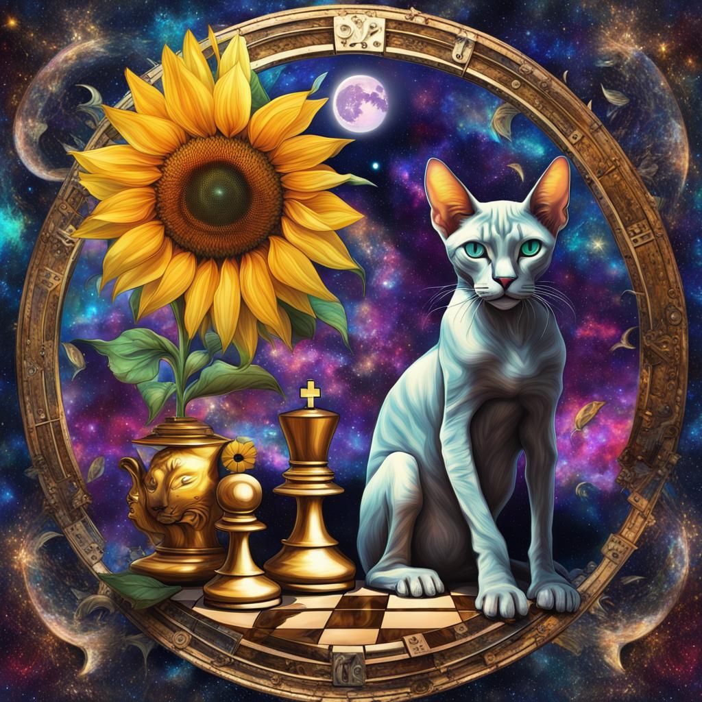 Cosmic Chess with Sphinx Cat and Sunflower