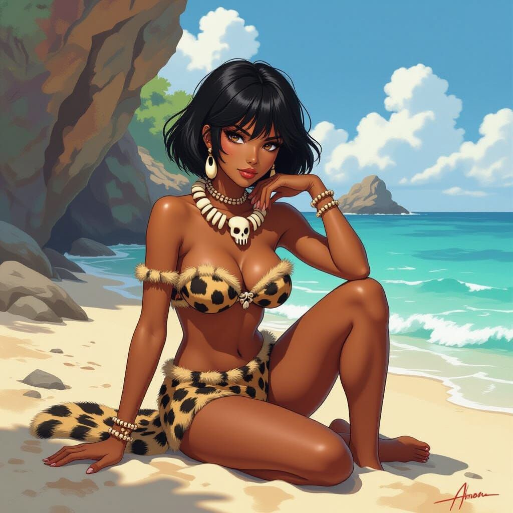 Anime-Style Cave Woman on Prehistoric Shore