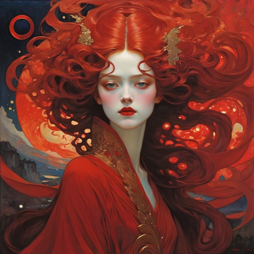 Abstract Red Composition in Art Nouveau Style