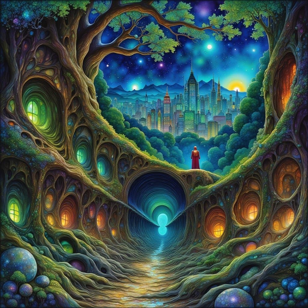 Colossal Ancient Tree Cityscape with Bioluminescent Fungi