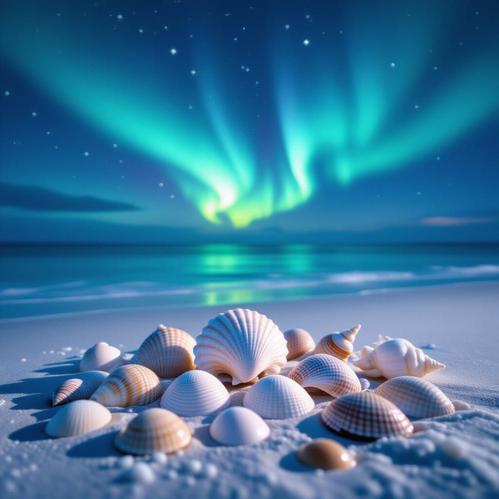 Seashells Under Aurora Borealis in Abstract Vector Style