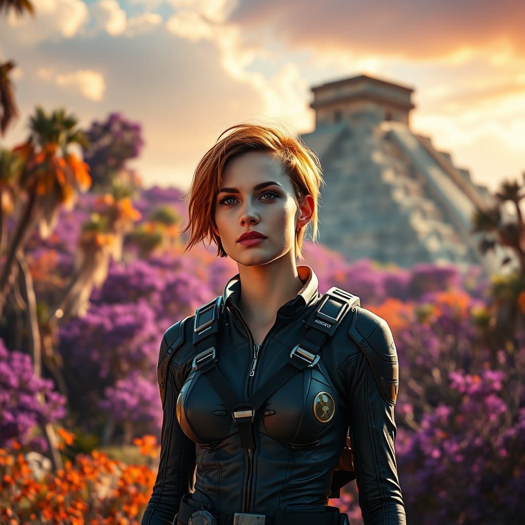 Tech Warrior Amidst Ancient Ruins in Vibrant Purple Hues