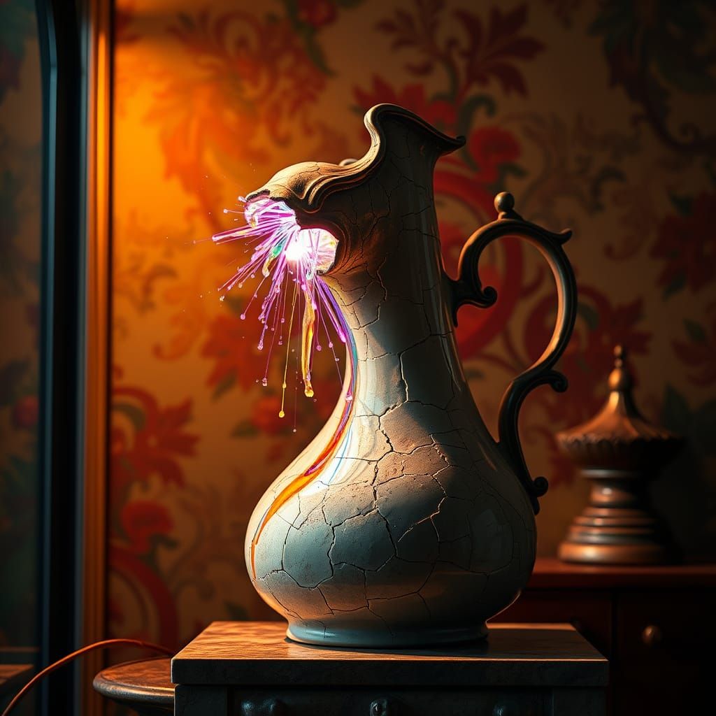 Ornate Lamp Jug Pouring Colorful Lights