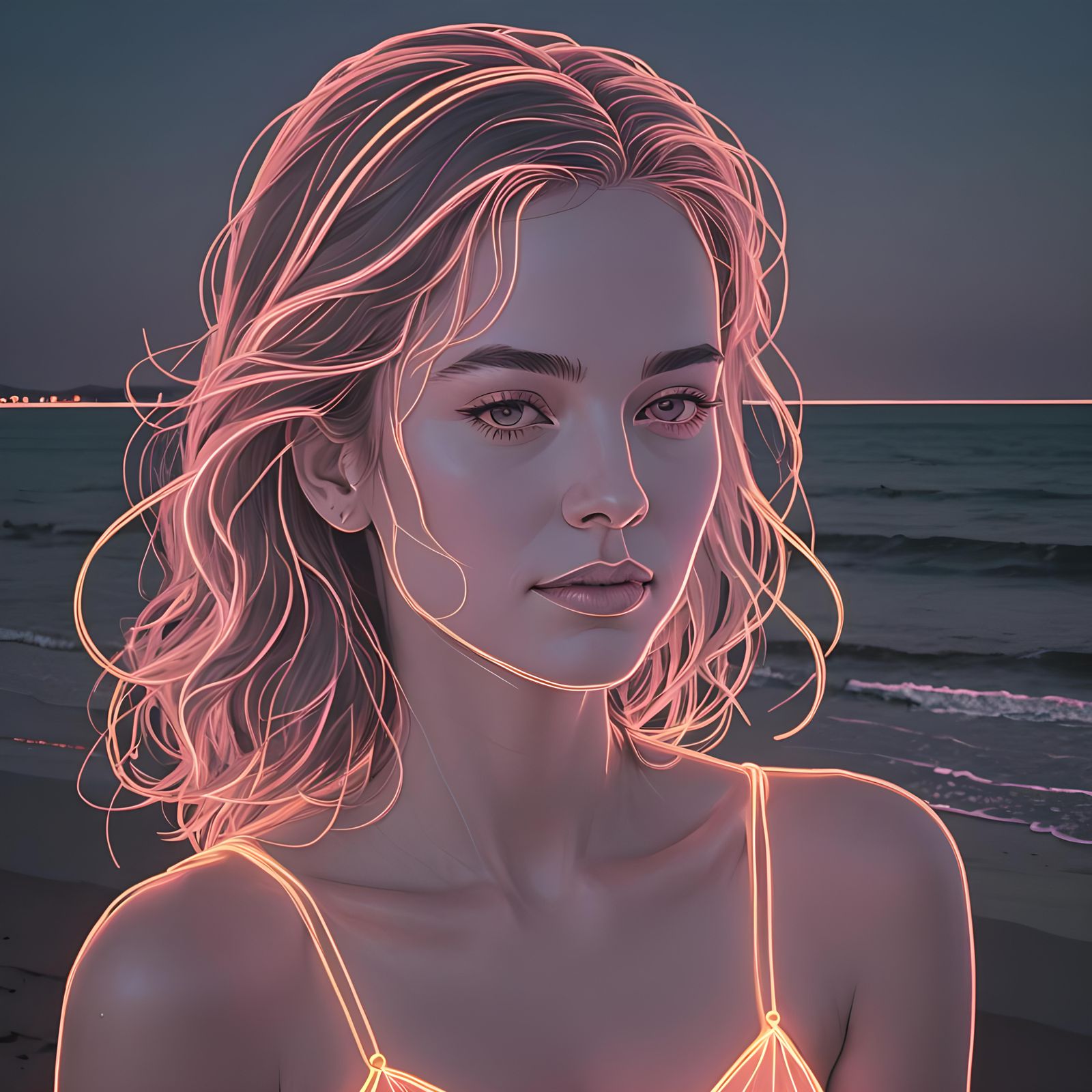 Neon Line Art Portrait: Woman at the Beach
