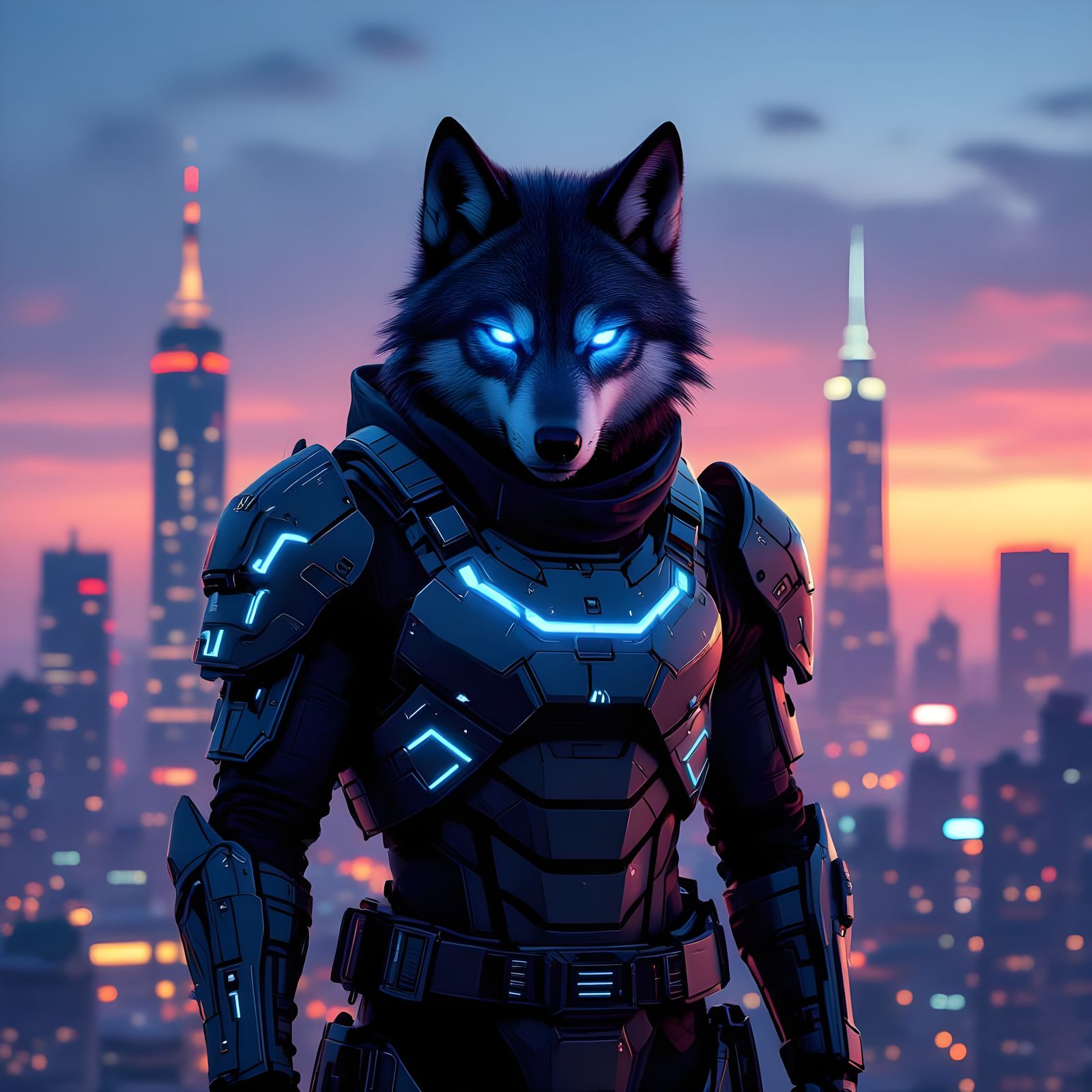 Cyber Samurai Wolf in Futuristic City
