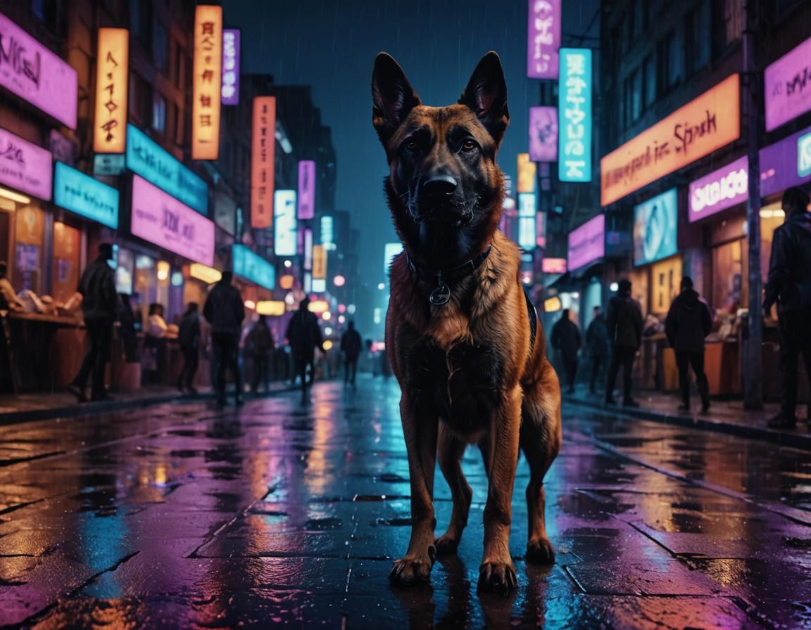 Malinois in Neon Noir Cityscape at Night