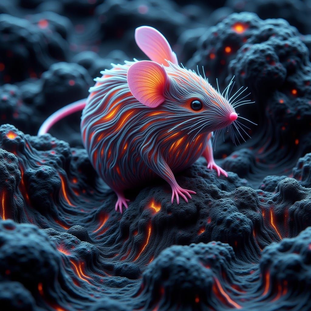 Surreal Biomechanical Chibi Mouse Blooms on Obsidian Island ...