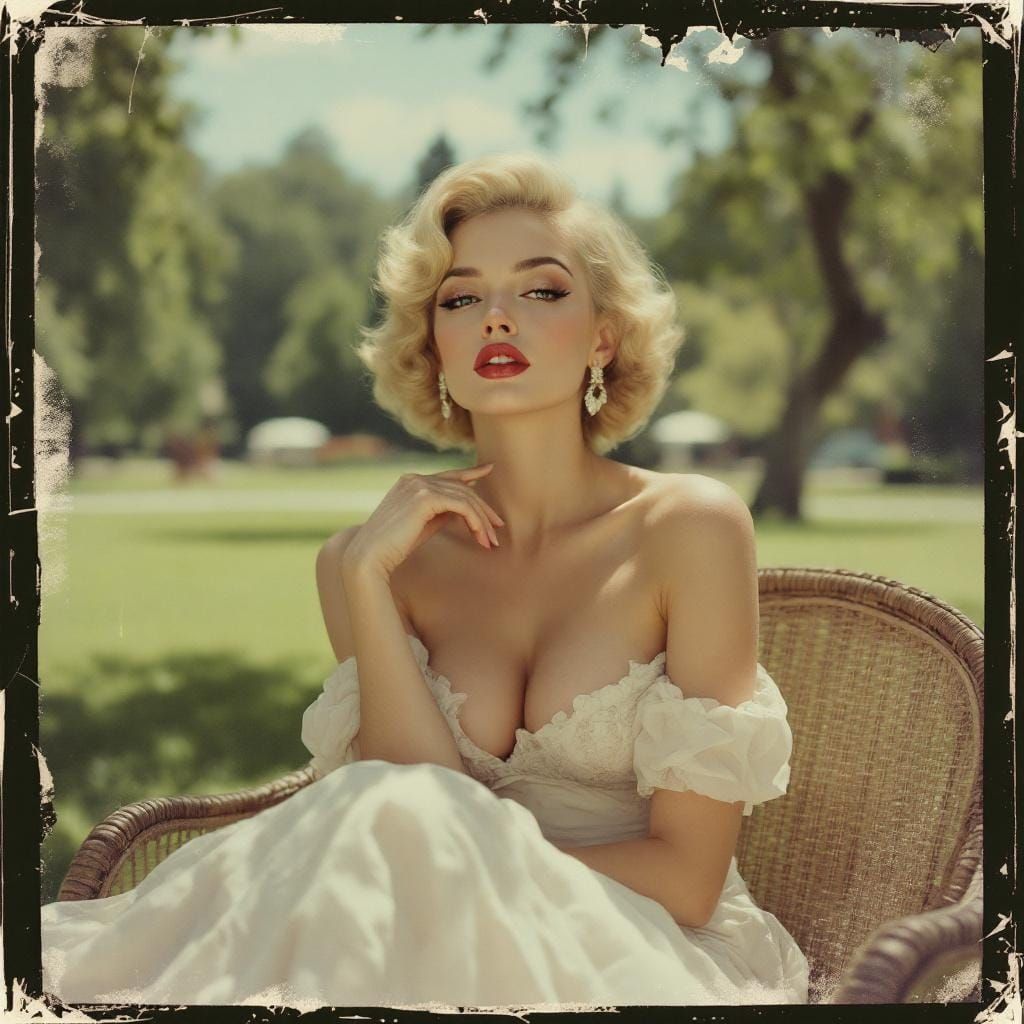 Pin-Up Housewife in Polaroid Frame with Watercolor Textures