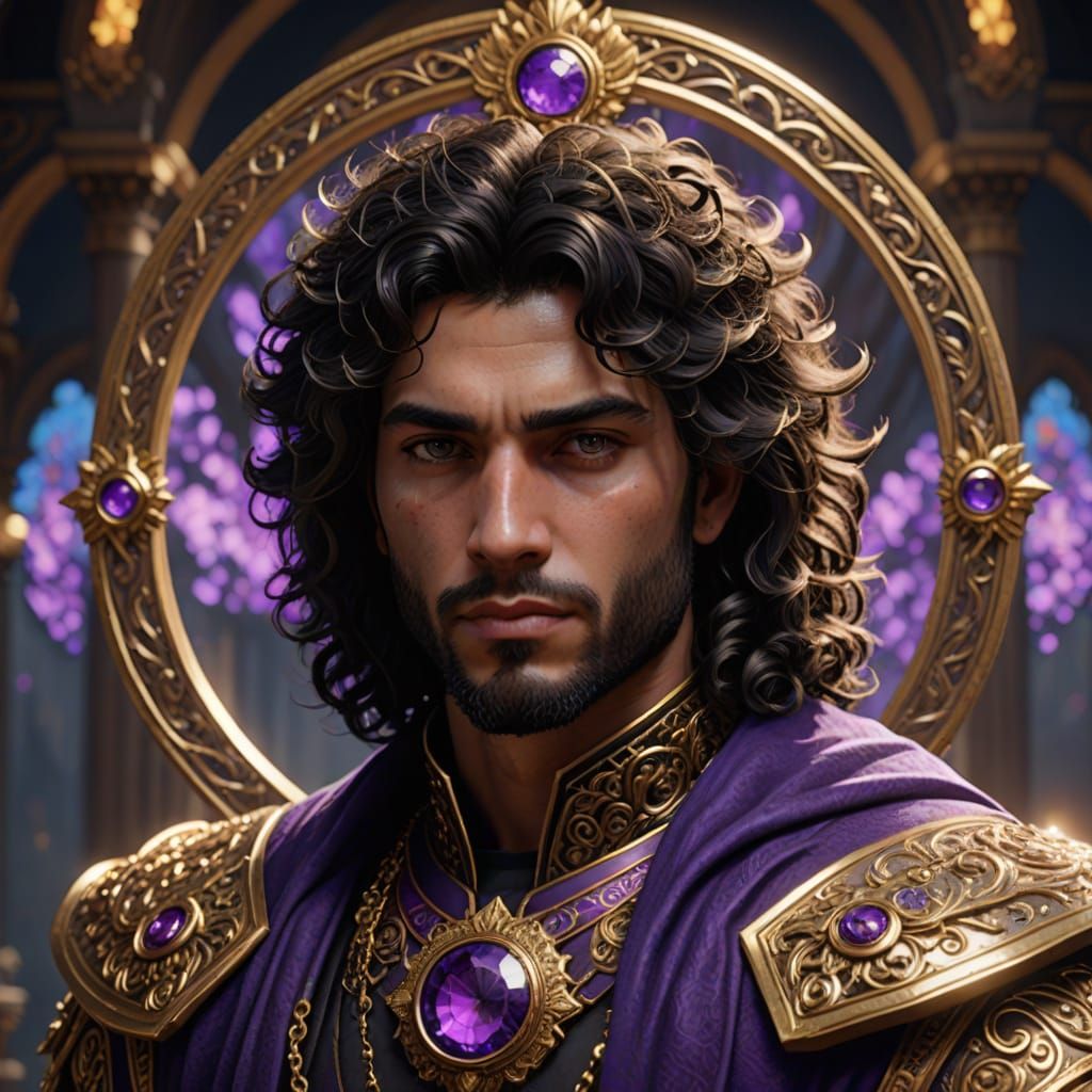 Beautiful man, black curly hair, purple eyes, king looking, medallion