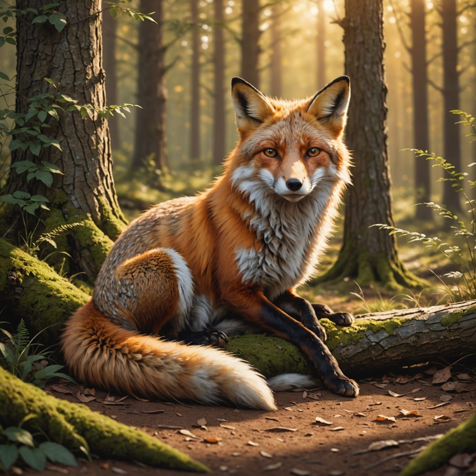 Fox Resting: Peaceful Digital Illustration in Forest Clearin...