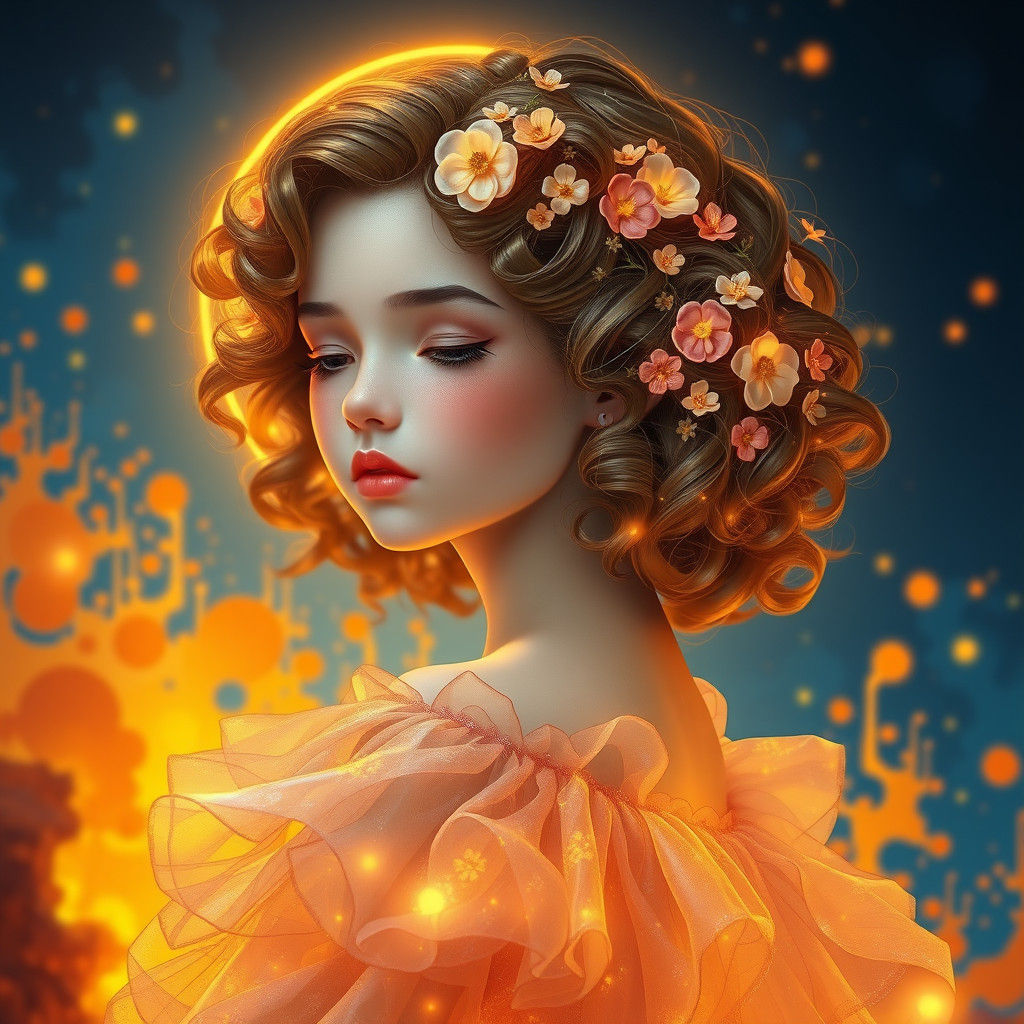 Dreamy Girl with Lava Flowers, Art Nouveau Portrait
