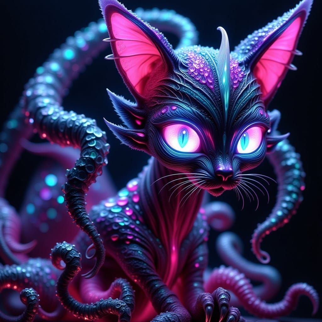 Alien Cat Goddess with Neon Fur and Tentacles