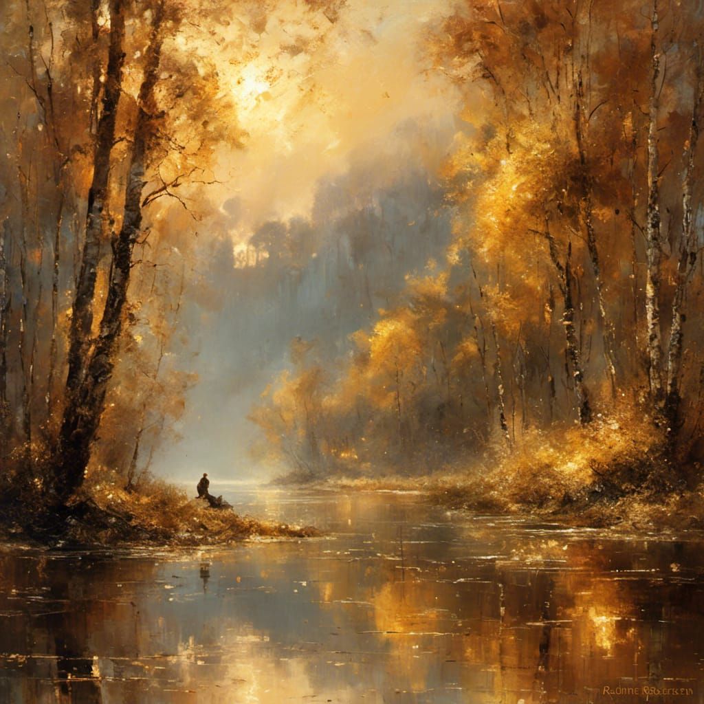Golden Sunrise River in Exquisite Painting Style