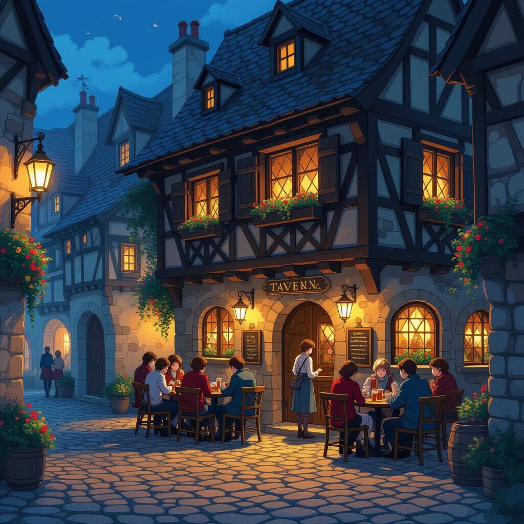 Medieval Tavern Scene in Vibrant Anime Style
