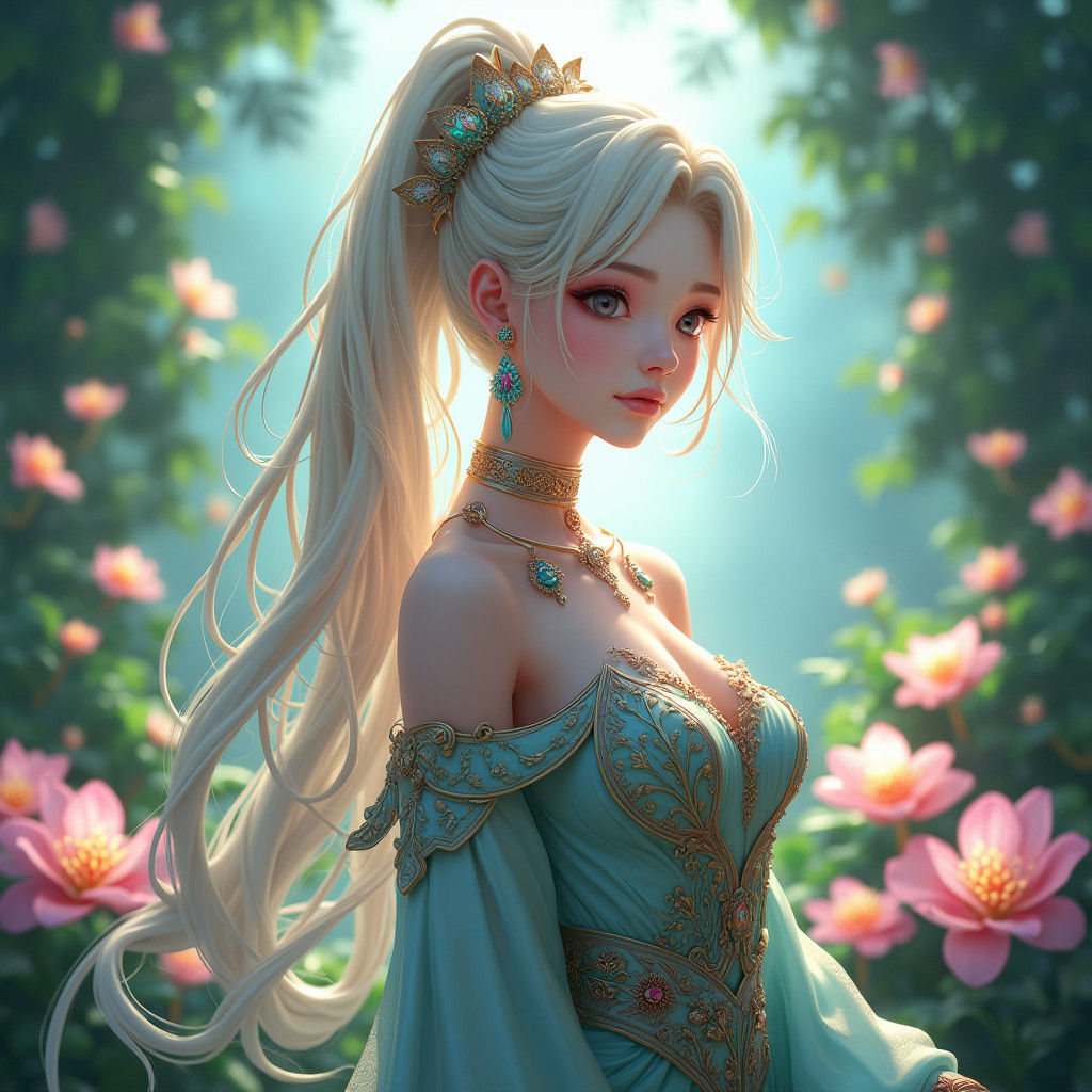 Elegant Woman in Mystical Garden: Anime Art
