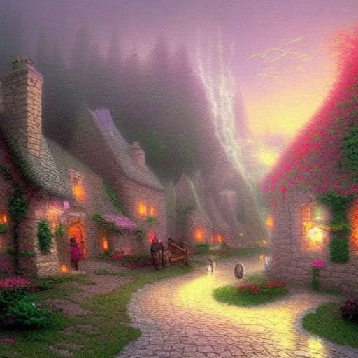 Medieval Village Afflicted by Plague in Kinkade Style