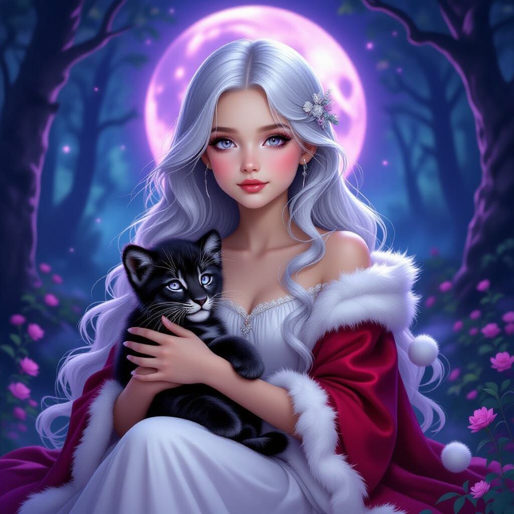 Ethereal Girl With Silver Hair and Leopard Cub