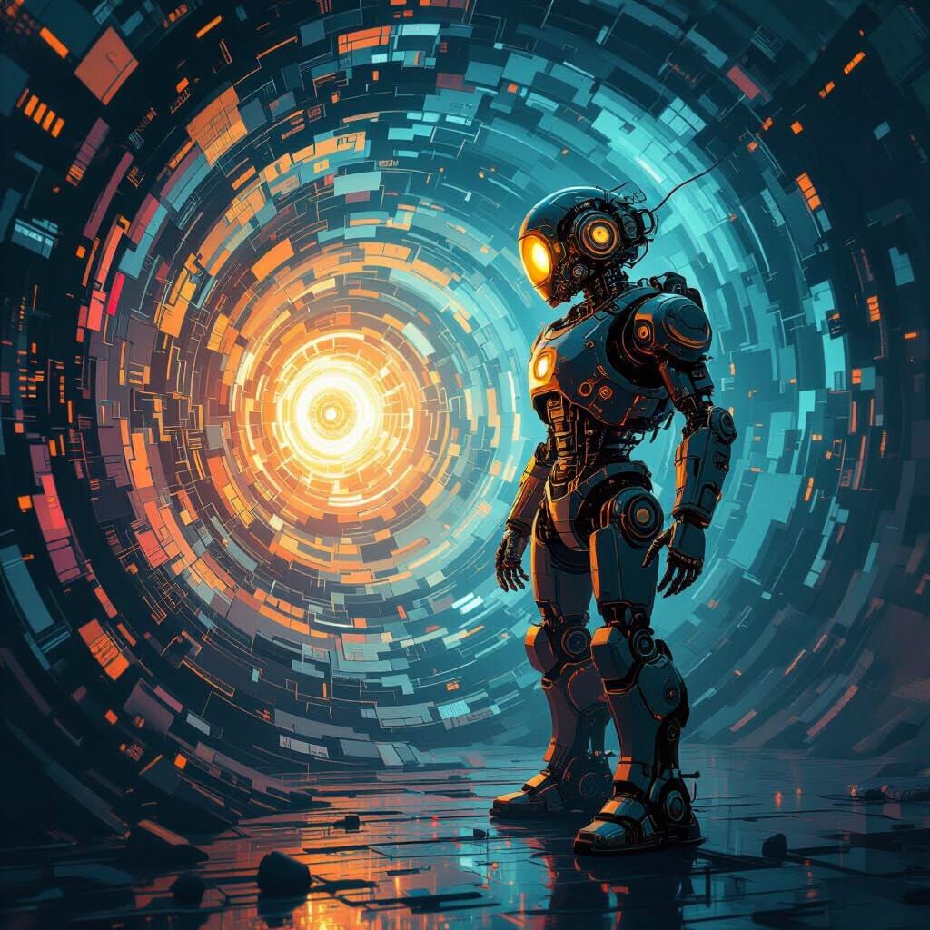 Steampunk Robot in Abstract Thought Vortex Digital Painting