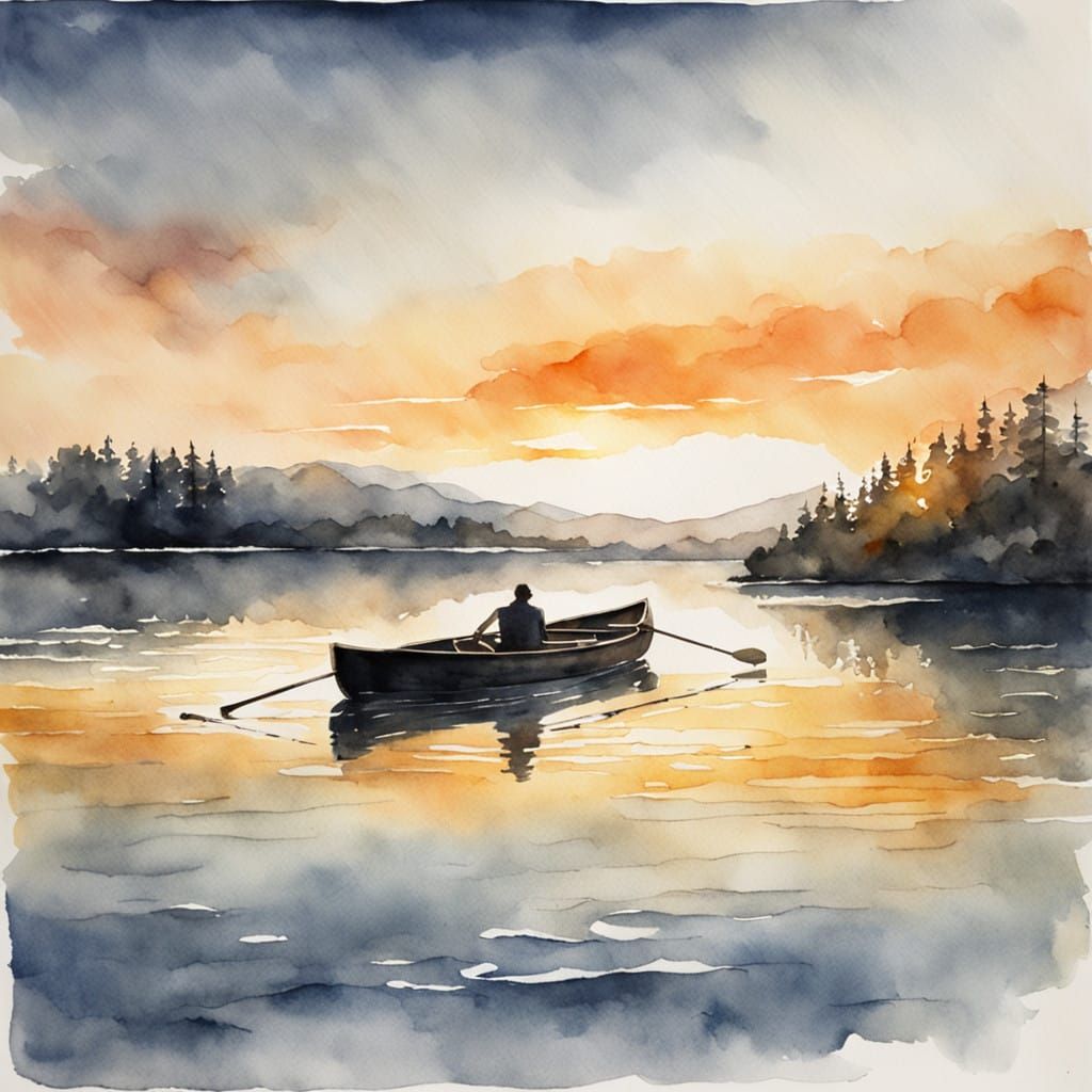 Serene Watercolor Sunrise Scene with Rowing Boat on Lake
