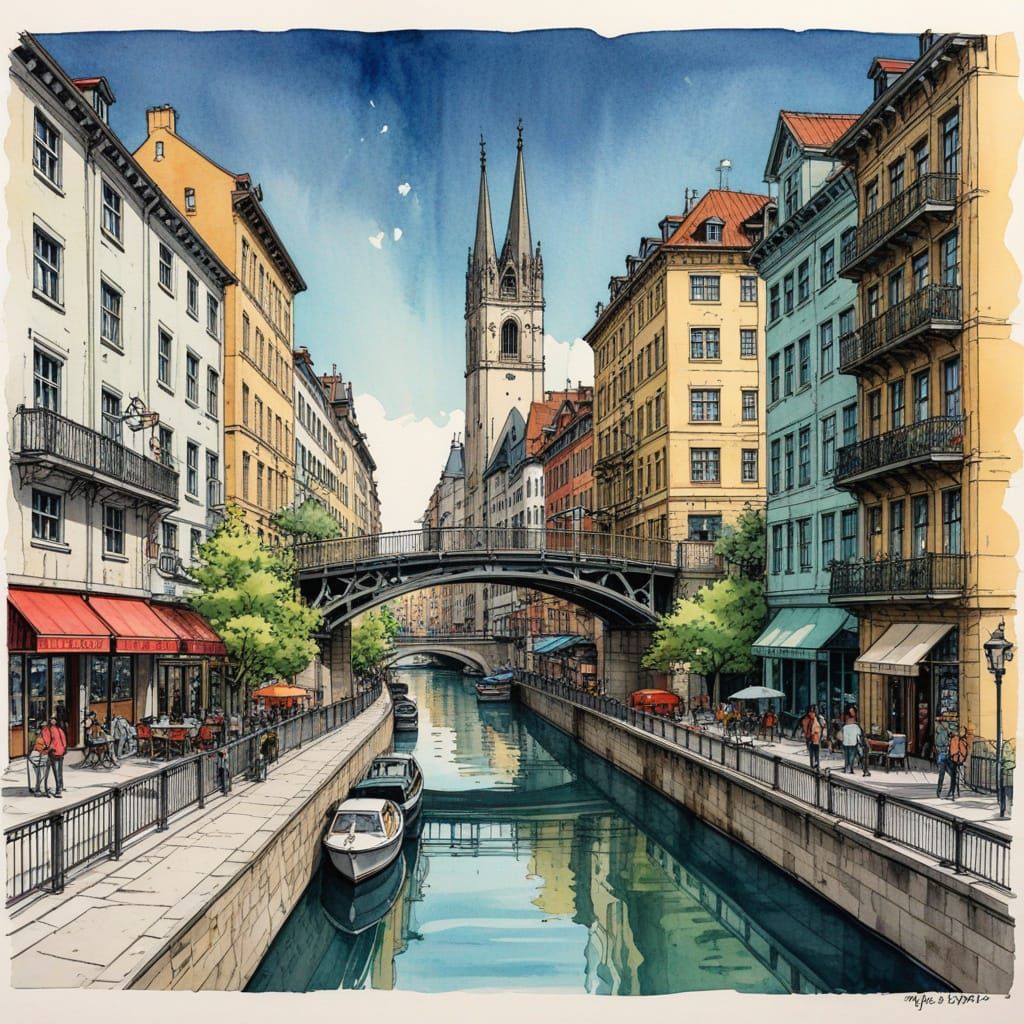 Urban Cityscape Bridge in Vibrant Watercolor Style