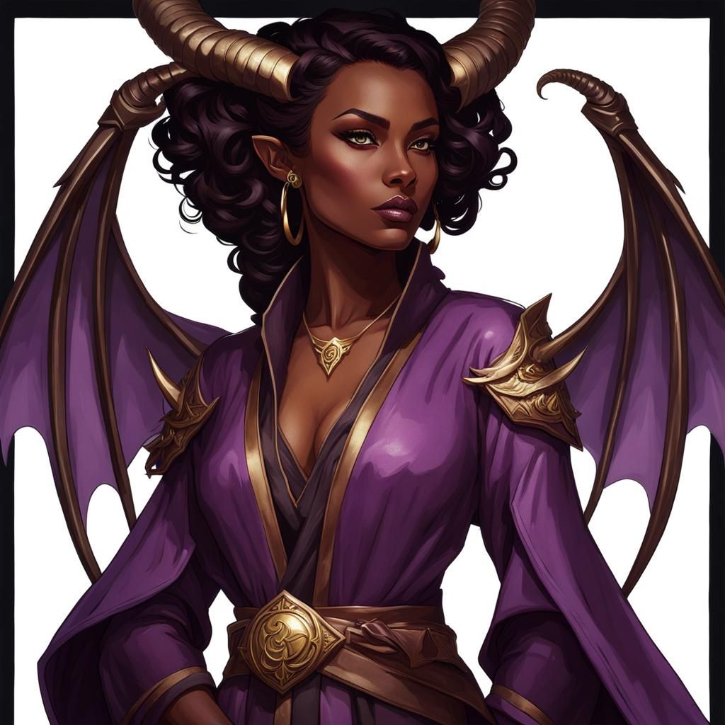 Tiefling Woman with Dragon Wings and Bronze Horns