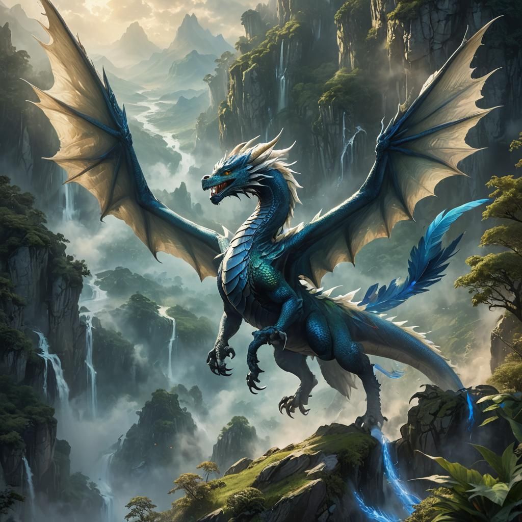 Blue Feathered Dragon Soaring Through Mystical Valley