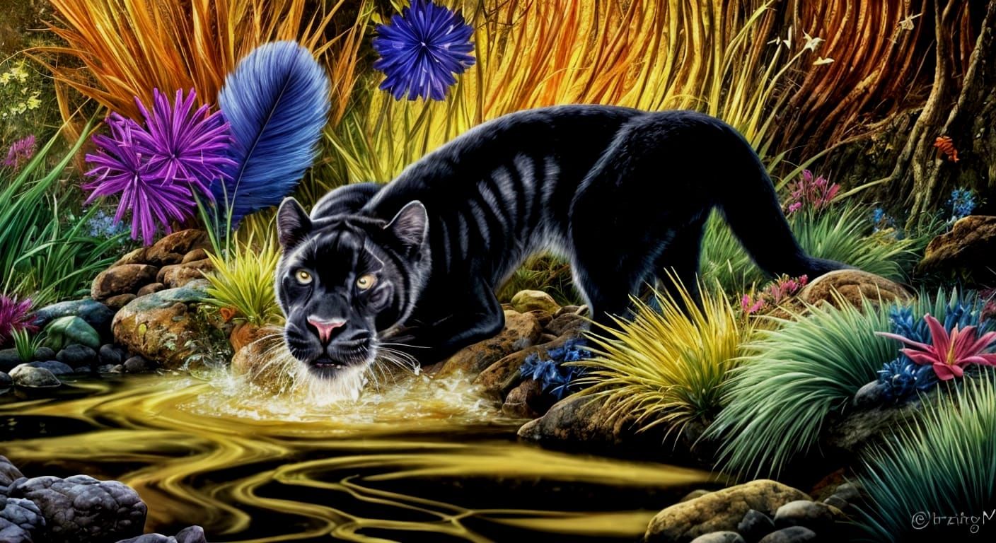 Enchanted Forest with Playful Panther in Golden Light