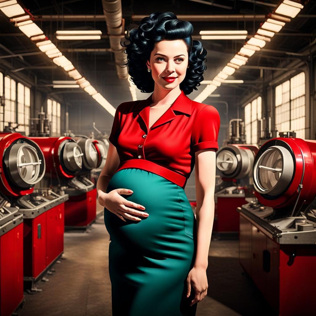 Sci-Fi Pinup: Pregnant Woman in Retro Factory
