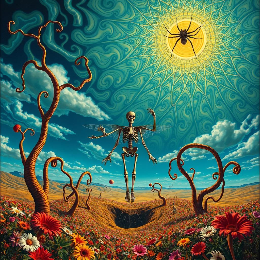 Surreal Landscape with Elastic Flora and Winged Skeleton