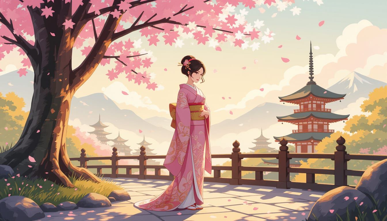 Graceful Woman in Pink Kimono Under Cherry Blossoms