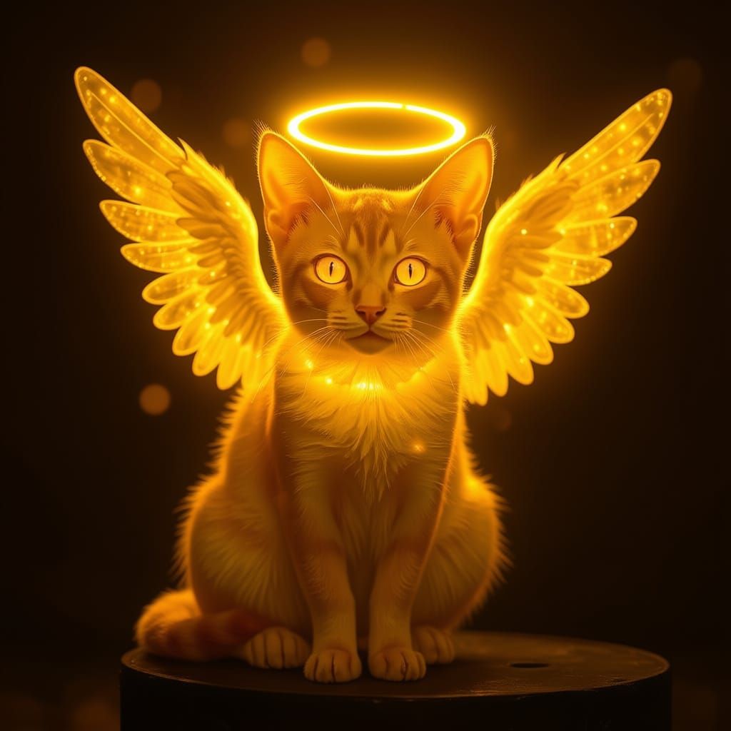 Angel Cat Silhouette Shimmering in Molten Gold
