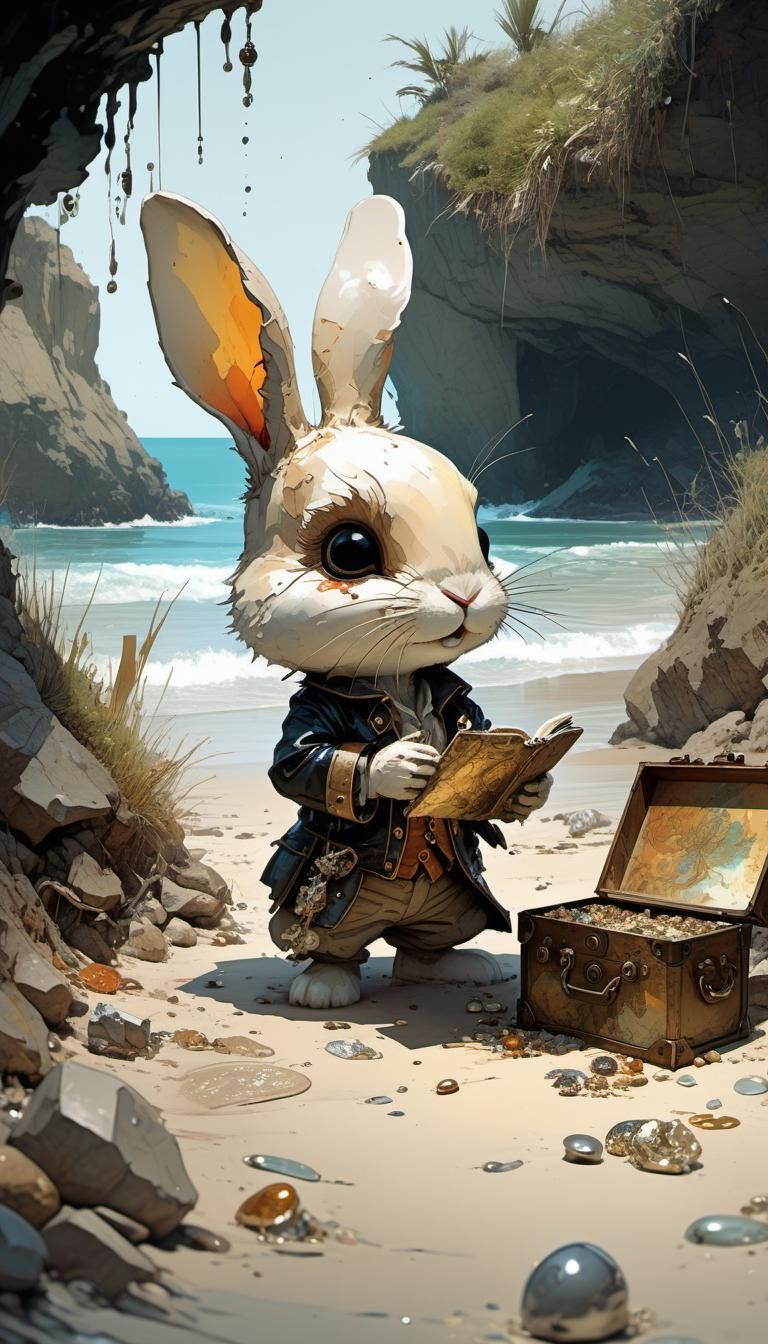 Chibi Bunny Finds Beach Treasure, Watercolor Art