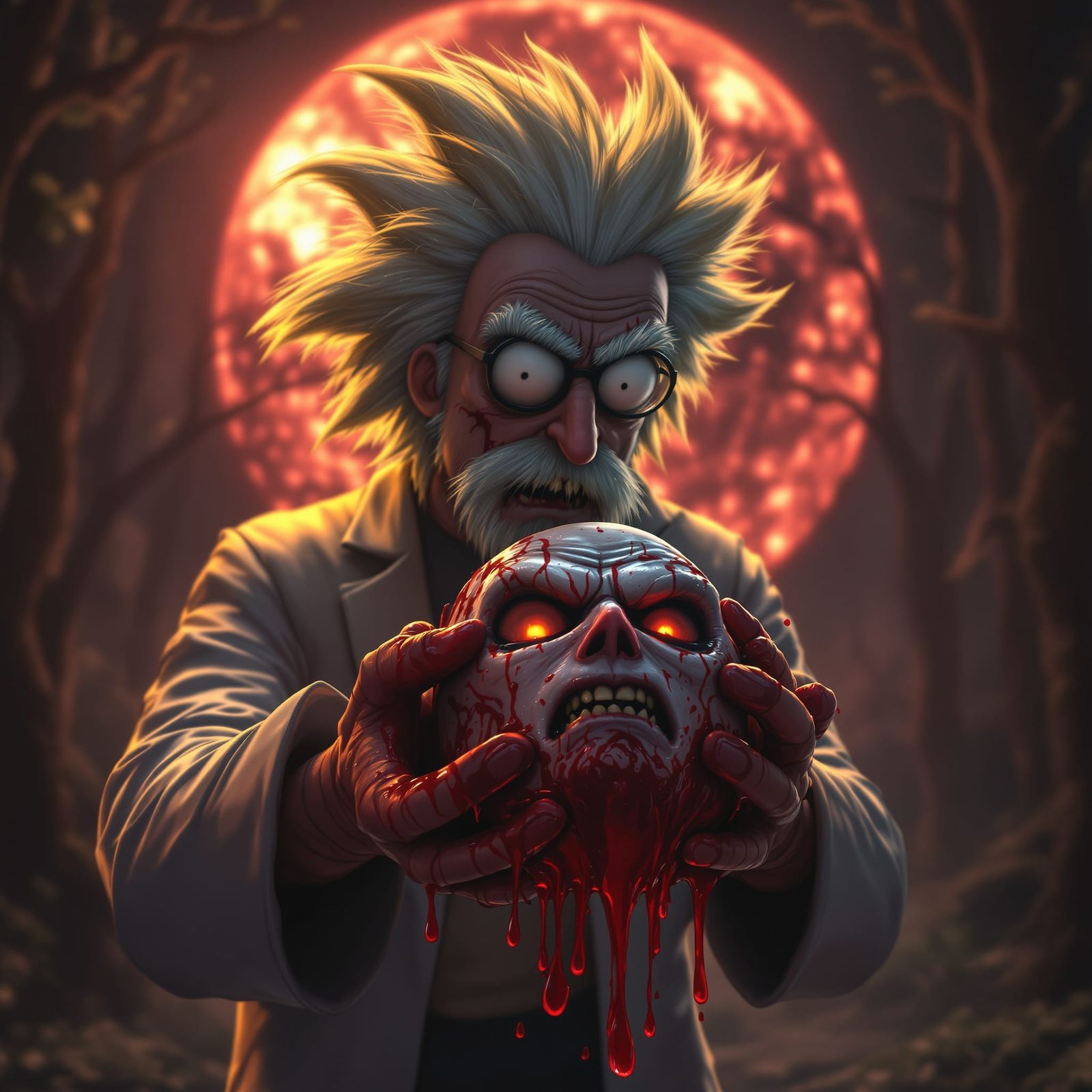 Drunk Scientist Holds Saiyan Head in Bloody Forest