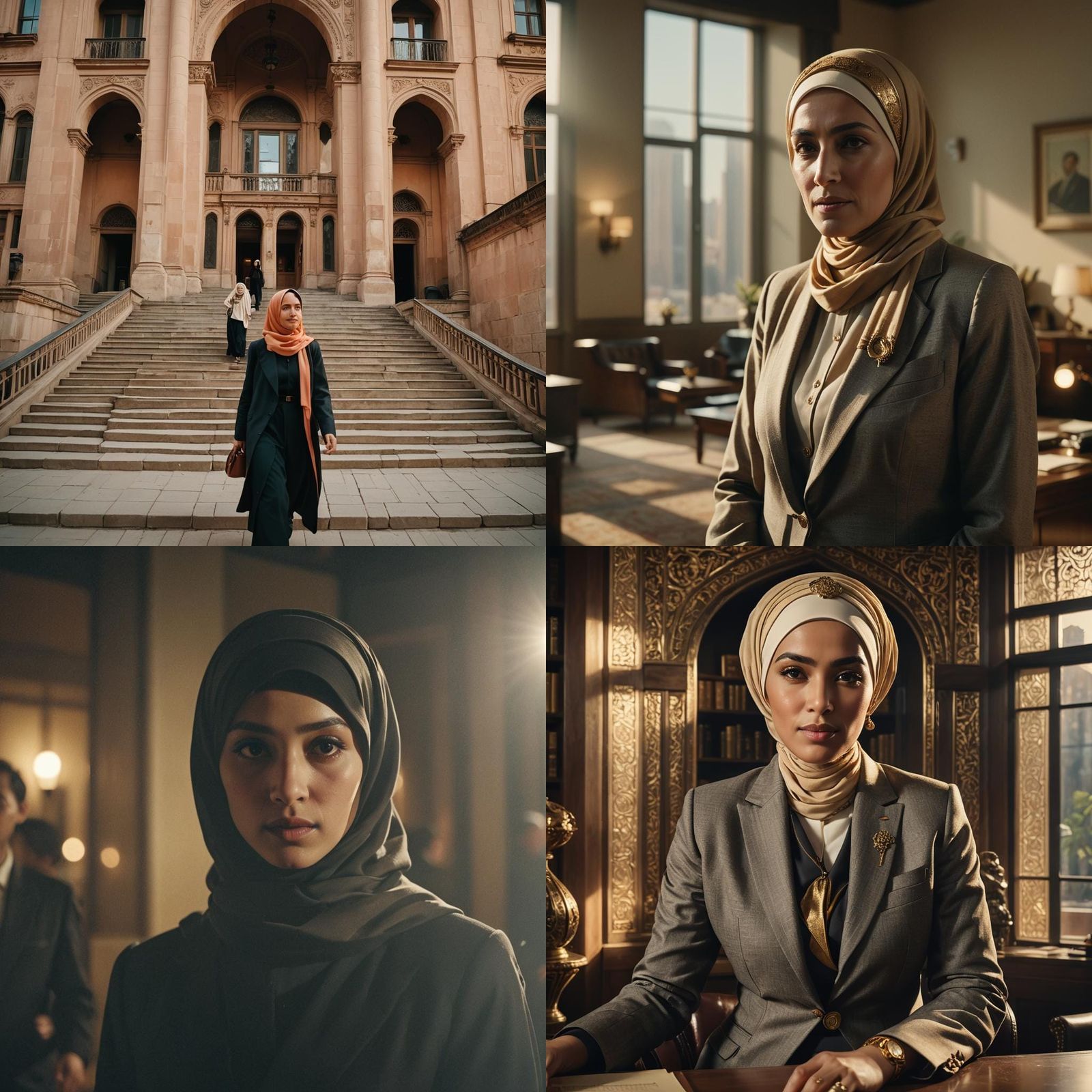 Hijab-Wearing Woman in Suit: Cinematic Film Still