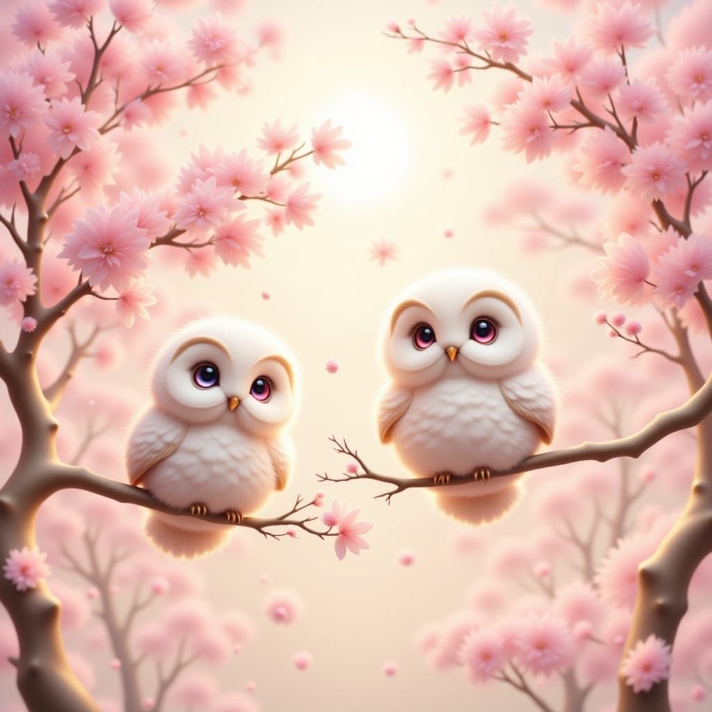 Chibi Owls in Gradient Amber Rose Glow