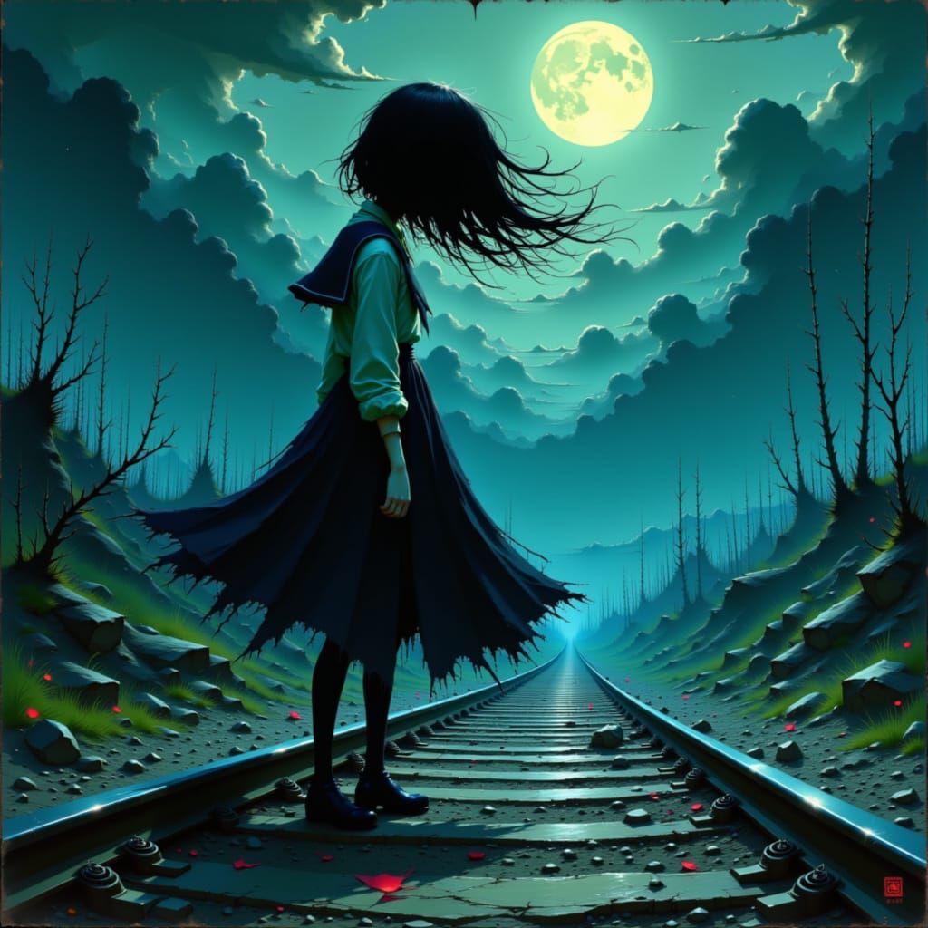 Teke Teke on Train Tracks in Dark Fantasy Style