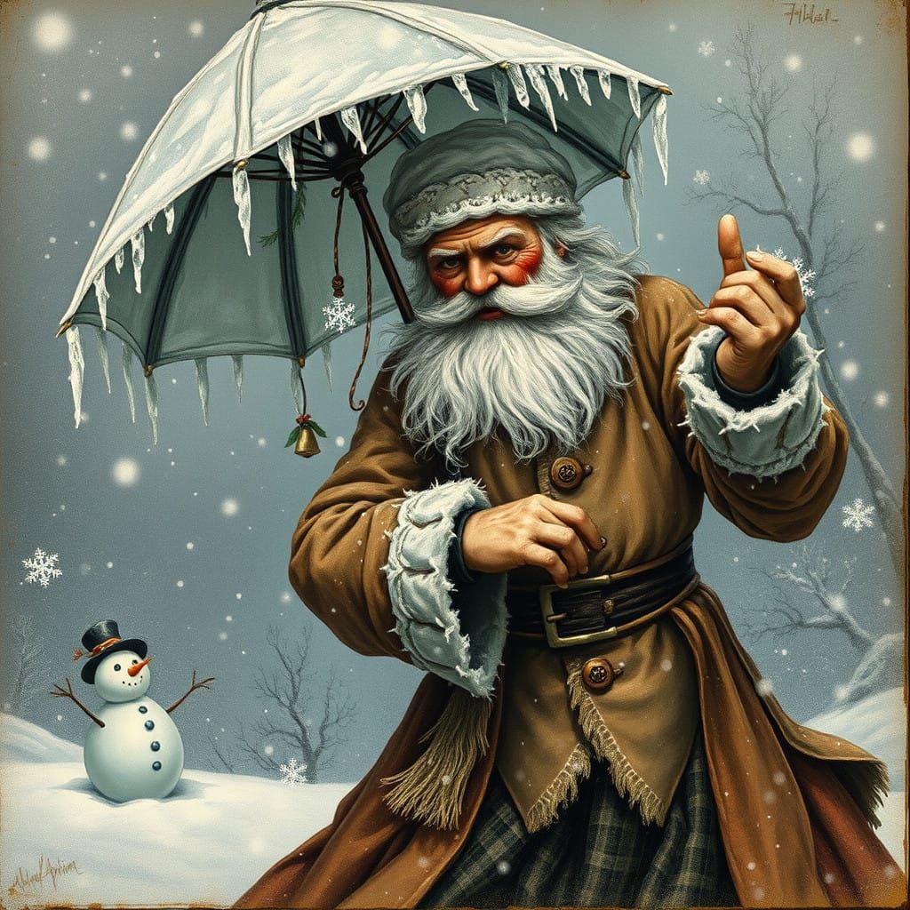 Scottish Santa Clause presenting their new umbrella, attache...