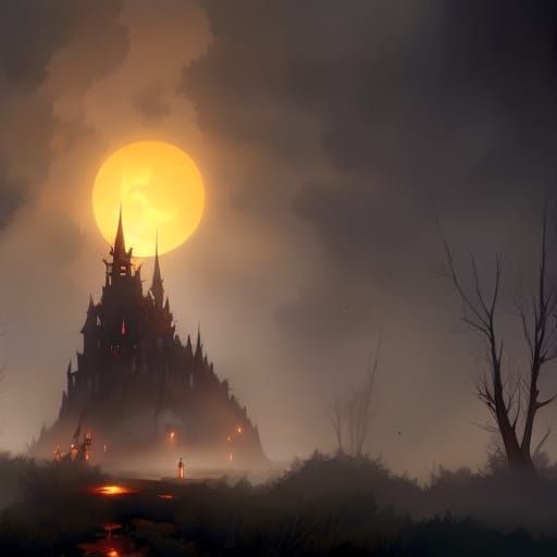 Creepy Witch in Dark Forest, Full Moon Night