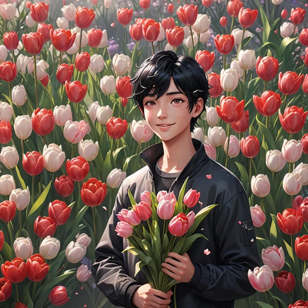 Boy with Tulip Bouquet in Anime Style