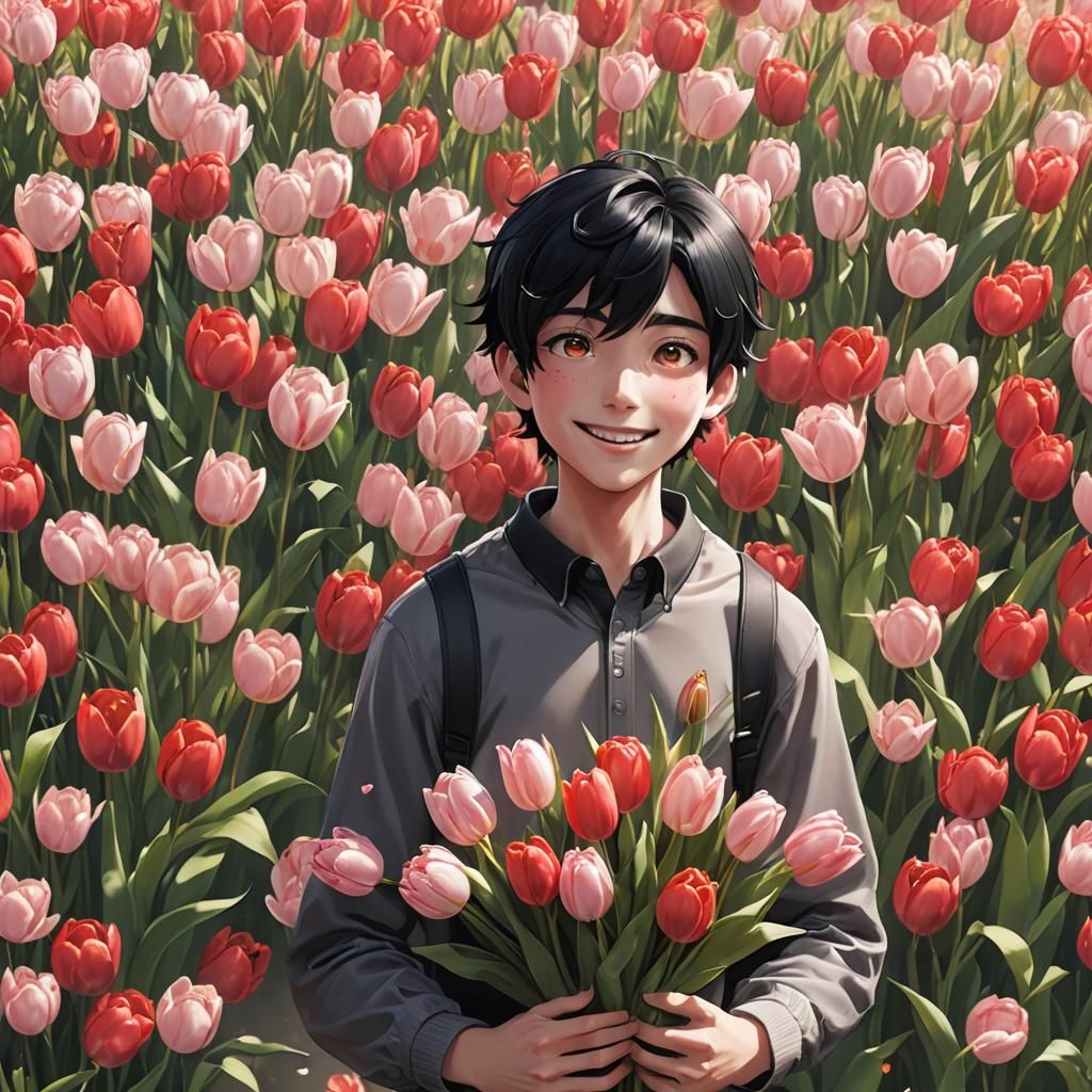 Boy with Tulips: Detailed 3D Anime Art