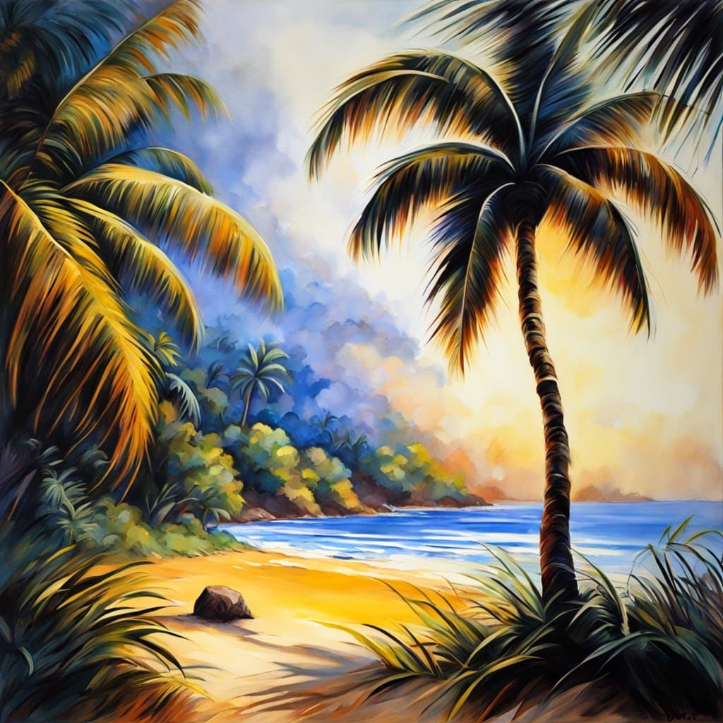 Coconut Tree on Beach: Ethereal Charcoal Gouache