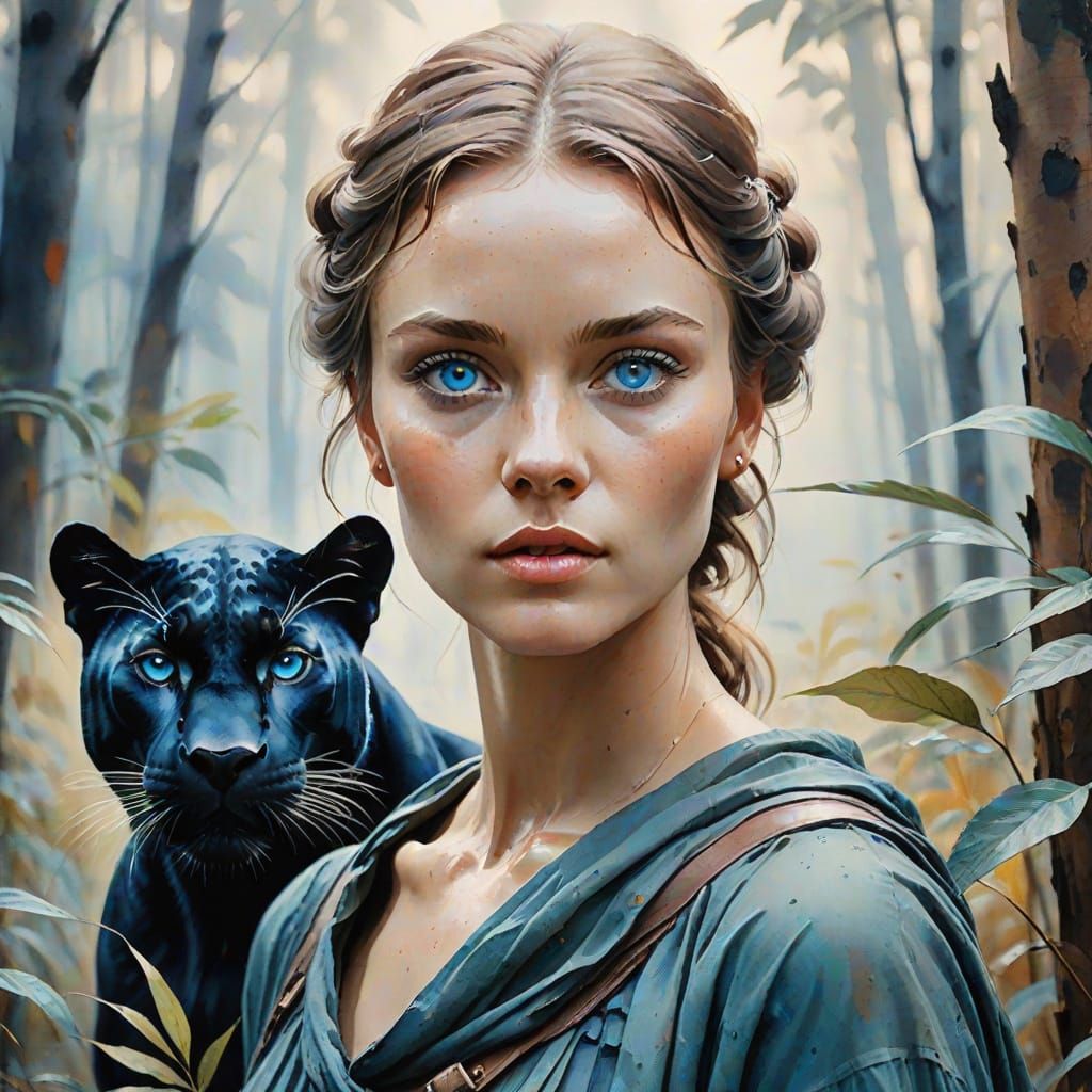 Woman and Panther in Forest, Watercolor Portrait