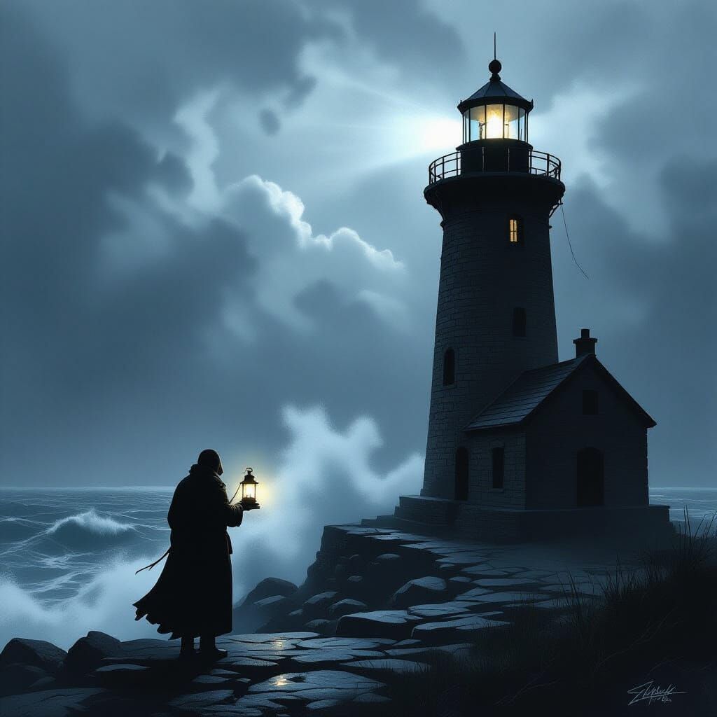 Solemn Lighthouse Keeper in Stormy Monochromatic Sea