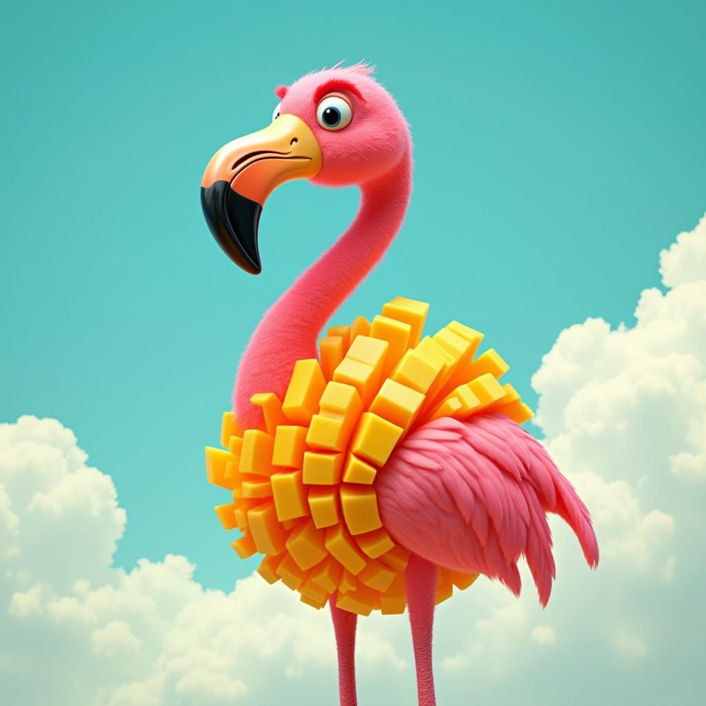 Vibrant Cartoon Flamingo Sculpted from Mango Slices in Quirk...