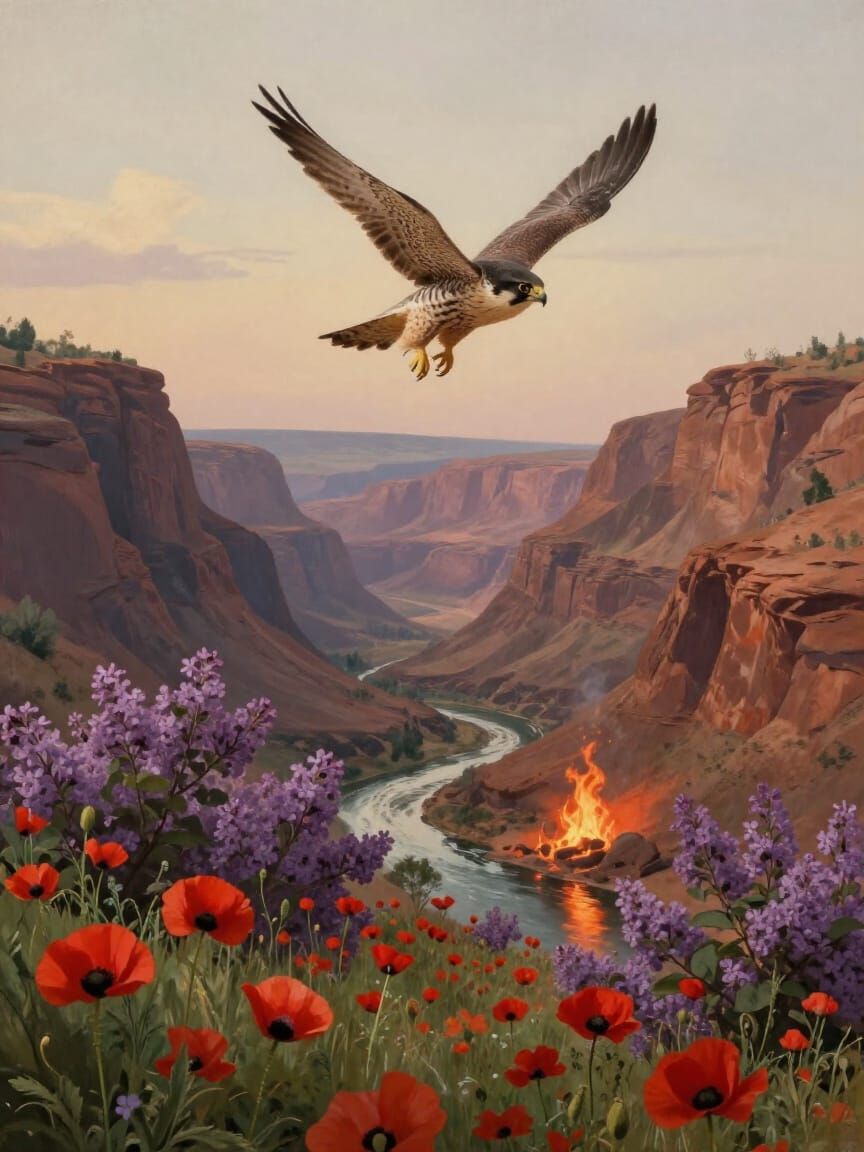 Falcon Soars Over Dreamlike Canyons With Red Poppies