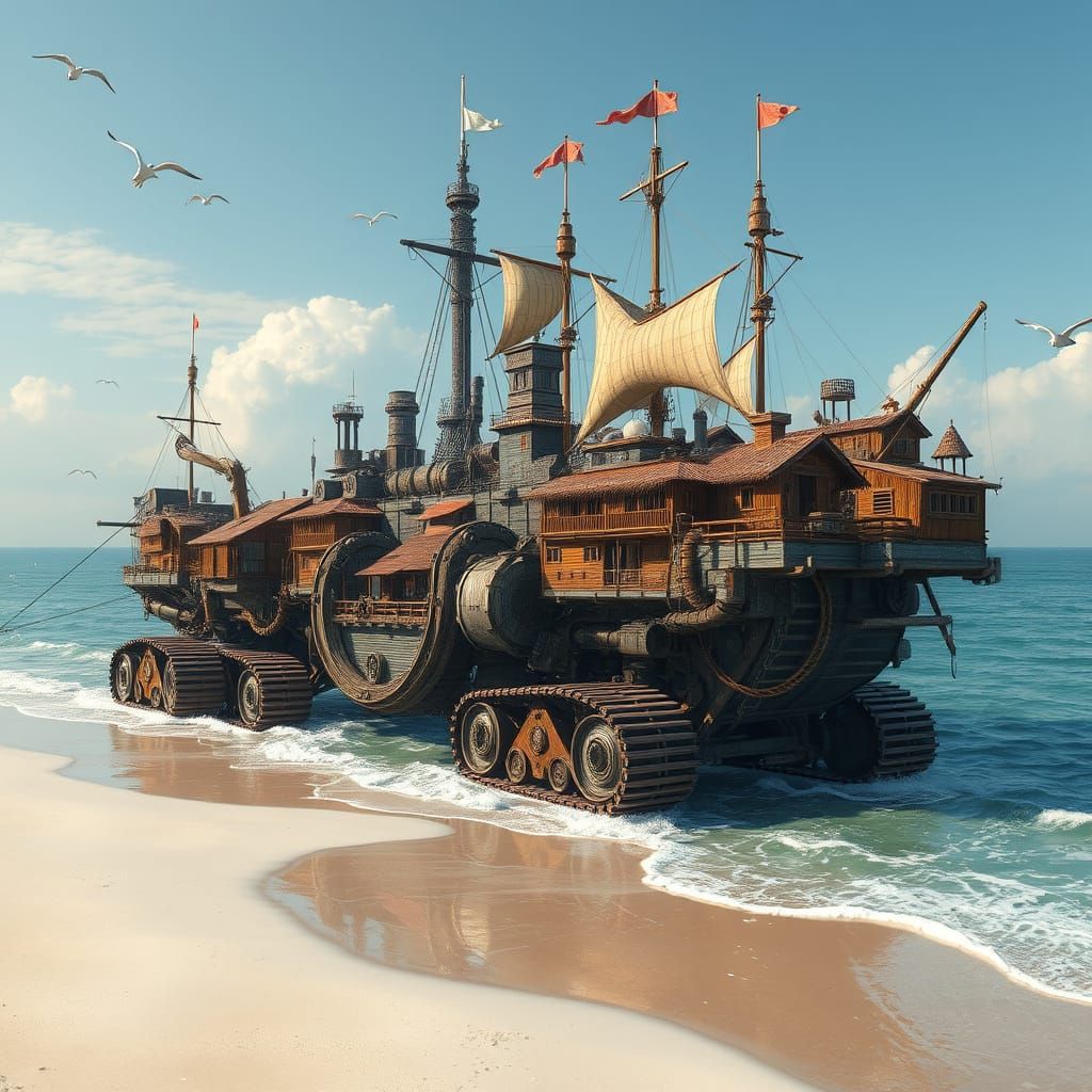 Steampunk Rolling Cities Arrive at Ocean's Edge