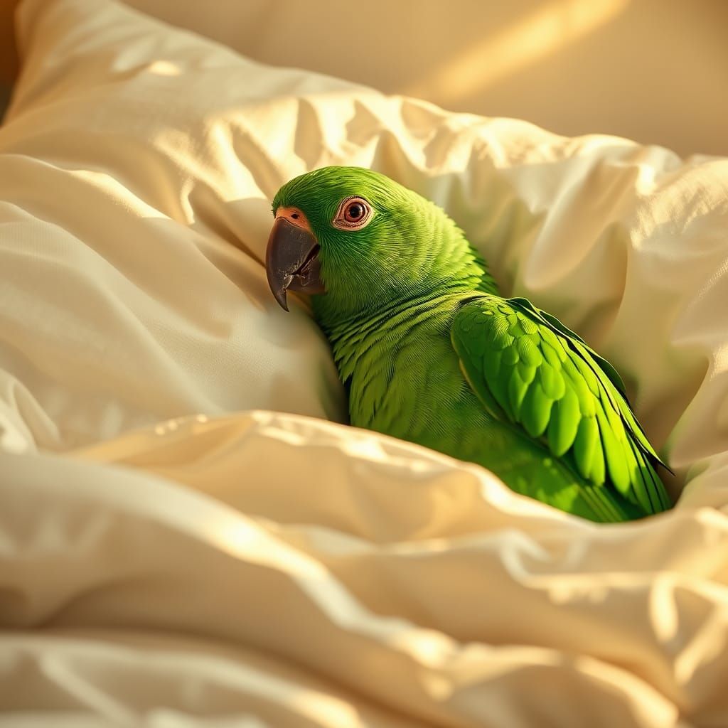 Emerald Parrot's Sweet Dreams: A Hyperrealistic Still Life