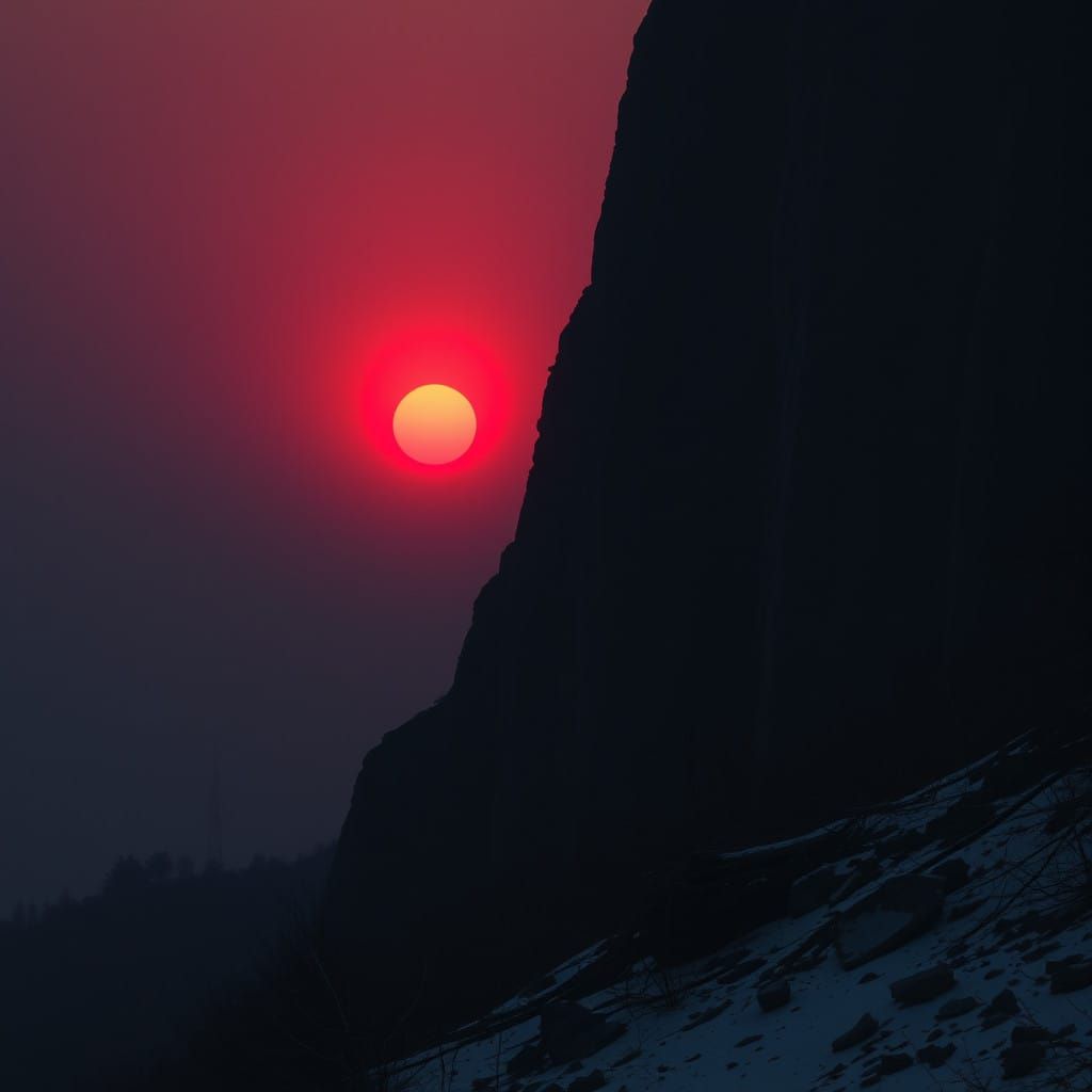 A Blazing Red Sun Rises Beyond a Darkened Landscape
